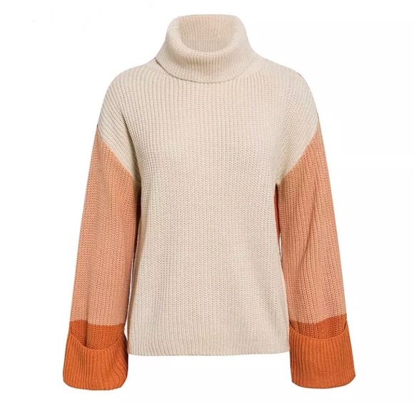Cream Orange Color Block Turtleneck Knit Sweater - Picture 5 of 6